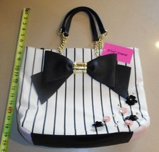 Betsey Johnson NEW Stripe Tote, Black White w/ Appliqued Flowers MSRP 118