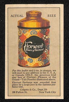 Colgate Florient Talc Powder Mail Order Offer Small Ad Sheet Fulton St. c1920's