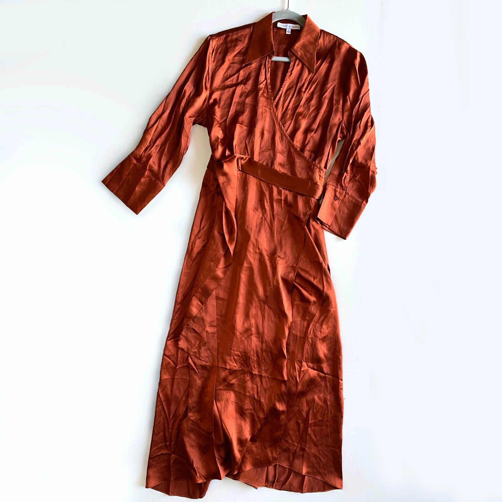 UNDERCOVER Abito maxi Esther Secret Mission in raso di seta avvolgente taglia L arancione bruciato