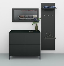 Garderobenset 3-teilig Kommode 4Türen Spiegel Paneel Schwarz Metallfüße HAAMA