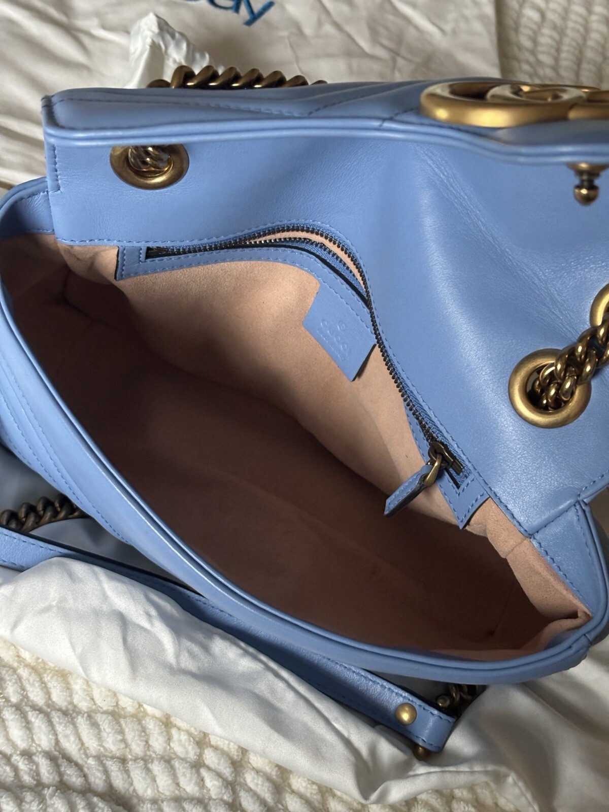 Medium Gucci GG Marmont Shoulder Leather Bag Light Baby Blue Gold Bronze Chain image 10