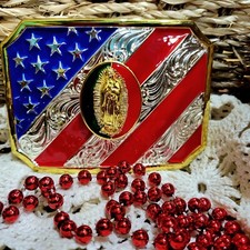 Virgen de Guadalupe Western belt Buckle Gold Silver red Blue Patriotic Religiou