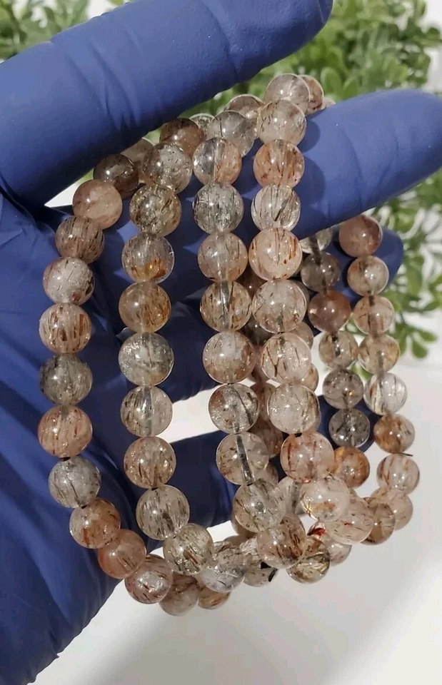 Natural Red & Blk Hair Copper Rutilated Quartz Clear Round 7mm Bead Bracelet 1pc - Image 4 of 4