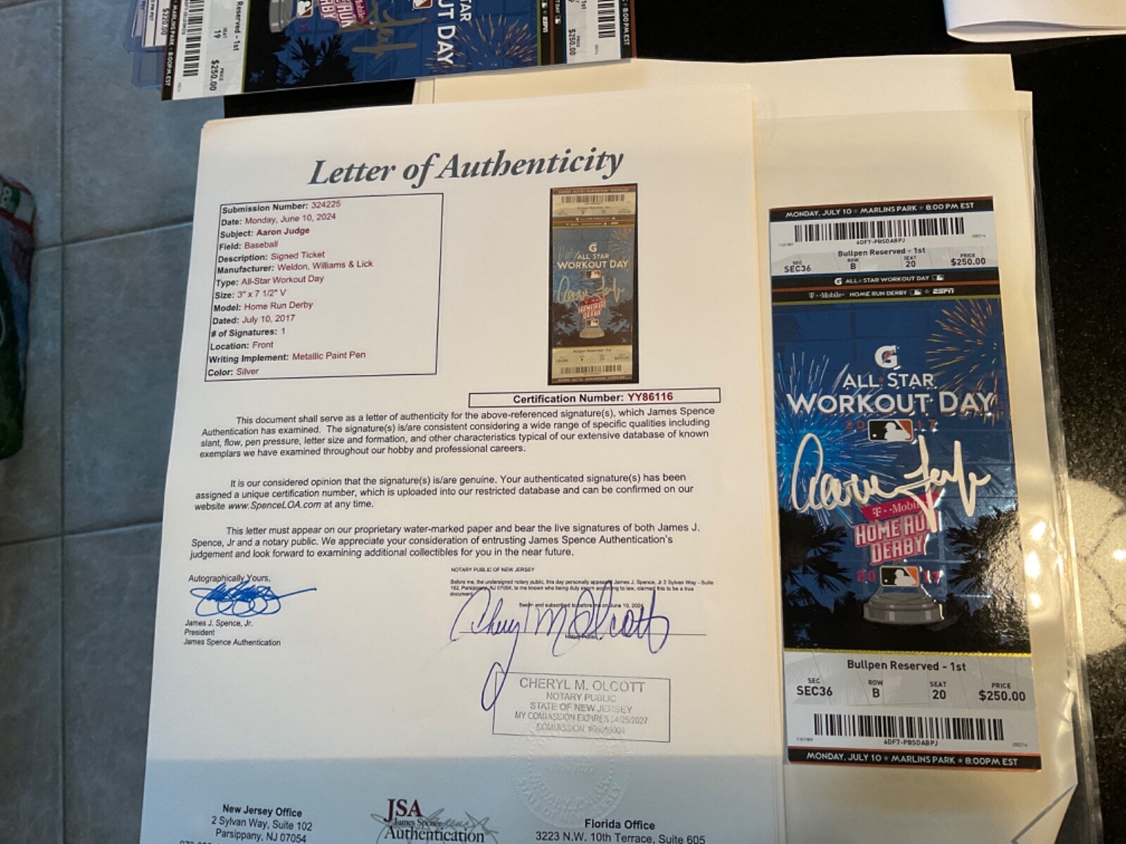 Aaron Judge Autographed Signed New York Yankees 2017 ASG Game HR Home Run Derby Ticket JSA Letter Rookie Yr 