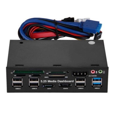 PC Front Panel 5.25'' Dashboard Media Audio eSATA SATA Card Reader USB 3.0 Hub