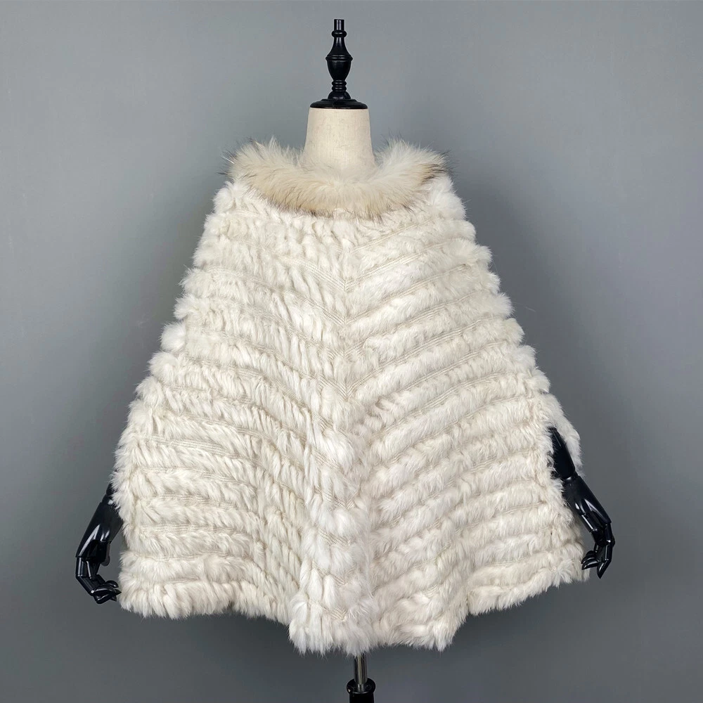 OFF WHITE Cappotto scialle donna invernale pelliccia di procione collo vera pelliccia di coniglio pelliccia intrecciata cappuccio