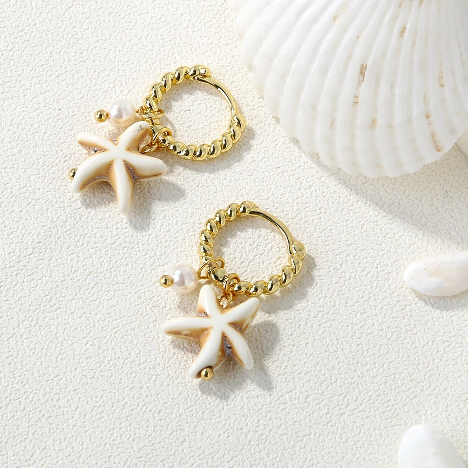 Pendientes Turquesa Estrella Perla Cuentas Aro Cuelga Pendientes Distintivos Foto 3 de 4