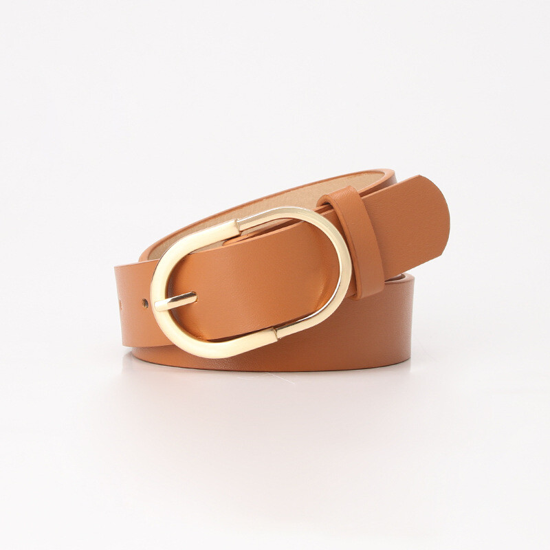 5773 Women Faux Leather Belt For Jeans Pants Oval Gold Buckle Camel Dress Women Metal Gold Oval Buckle Skinny Faux Leather Jeans Belt  main image 2