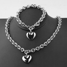 Women Stainless Steel Chain Necklace and Bracelet Jewelry Set with Heart Charm