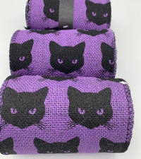 Lot of 3 Rolls Purple Burlap Ribbon Black Cats Halloween Crafts 5.5" x 15' ea 