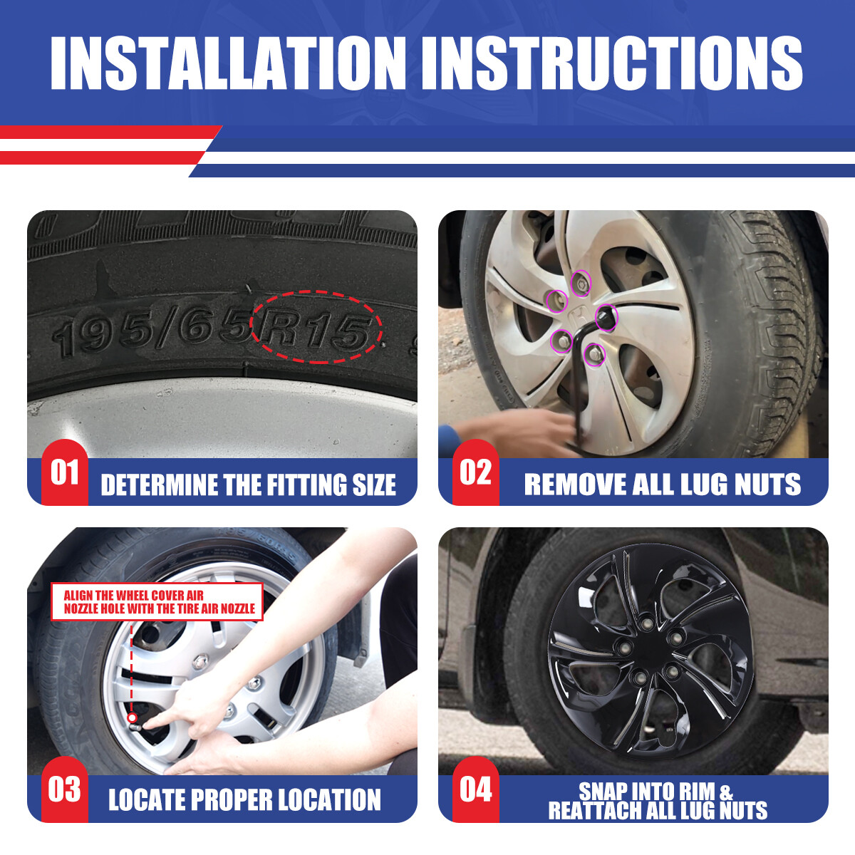 15" inch set of 4 Wheel Hub Cover Hubcaps for 2013 2014 2015 Honda Civic Black