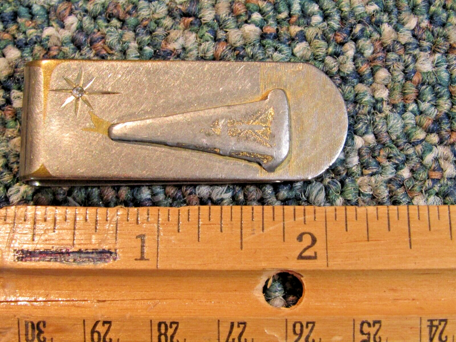 Vintage Oil Derrick Money Clip with Cubic Zirconia Sun Detailing Made in USA Well Worn-image
