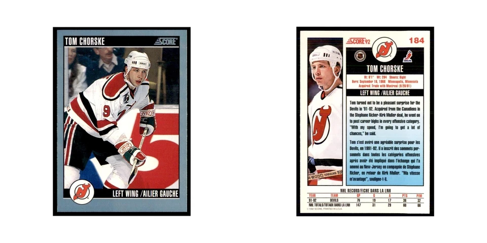 1992 Score Canadian Tom Chorske New Jersey Devils #184 - Image 3 of 3