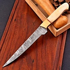 Damascus Steel Fillet Knife Hunting Fishing Chef Kitchen Knife Camel Bone Handle