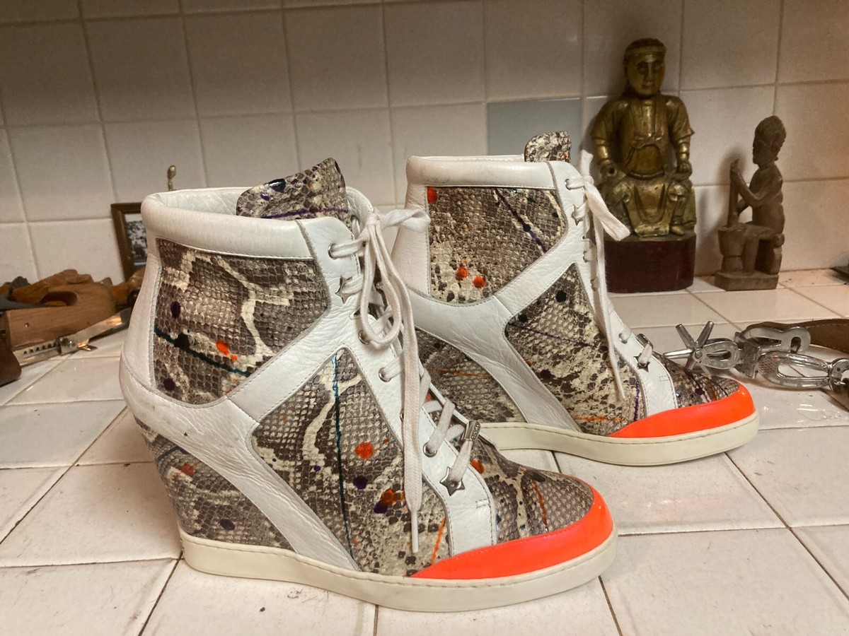 Jimmy Choo Shaded Snake Print Pebble High Top Wedge Sneakers Size
