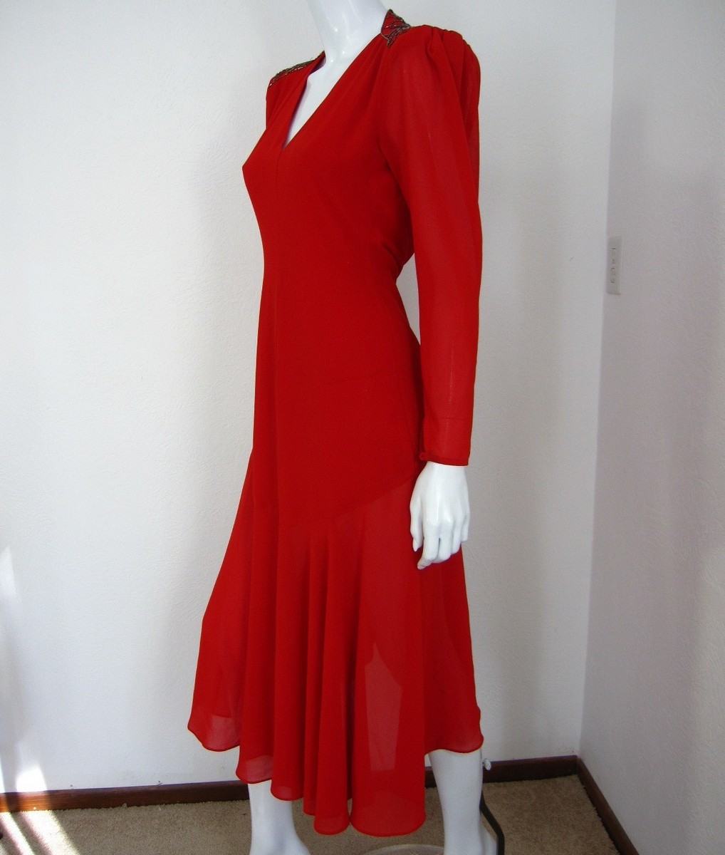 CASADEI VINTAGE 90's LONG SLEEVE SHEATH DRESS SIZE 6 SOLID RED LOWER BACK