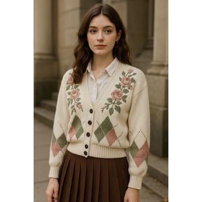 Van Heusen HandEmbroidered Rose Argyle Cardigan Women's S Vintage Cottagecore
