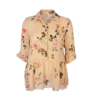 Cupio Blouse Women's L Light Peach Floral Chiffon Sheer Babydoll  Rolltab Sleeve