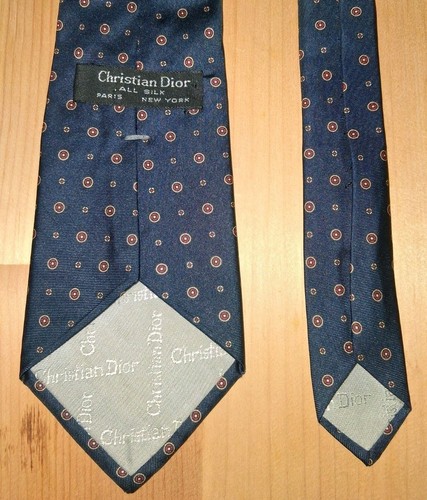 Necktie Christian Dior Lot 2x Vintage poly silk navy polka dots florets - Picture 7 of 8