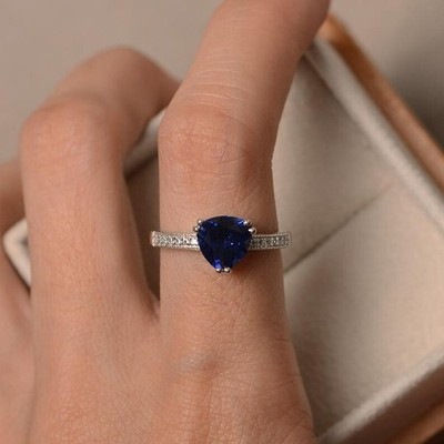 2Ct Trillion Cut Simulated Blue Sapphire Wedding Ring In 14K White Gold Plated