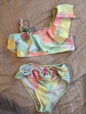 Two Piece Girls Bathing Suit Size 10 Pineapple Rainbow  betsey Johnson 