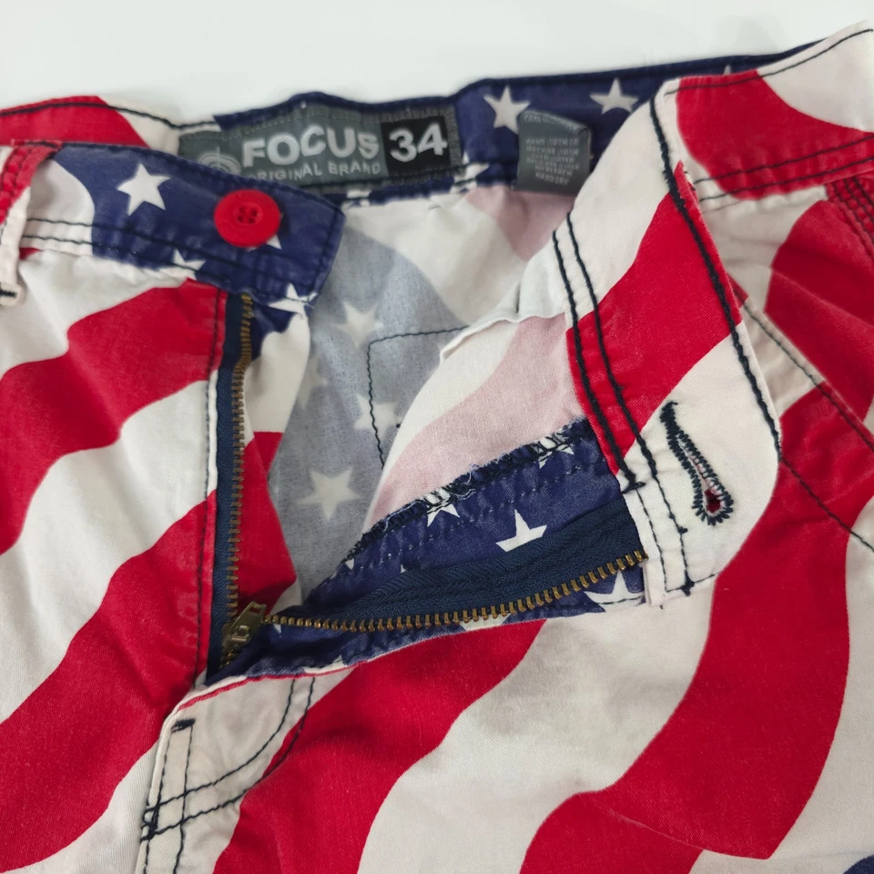 FOCUS 34 PANTALONES CORTOS CARGO ESTAMPADOS BANDERA EE. UU. PARA HOMBRE TALLA 34 ENTREPIERNA 12,5 pulgadas ❗*DEFECTOS* ❗.. Foto 4 de 4