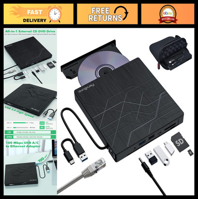 External CD DVD Drive USB 3.0 Burner with Ethernet Adapter, 3 USB & 2 Card Ports