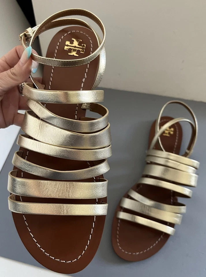 全新无标签 全新 Tory Burch Patos 平底绑带角斗士凉鞋 火花金色鞋-Sz 11 — 第 2/4 张图片