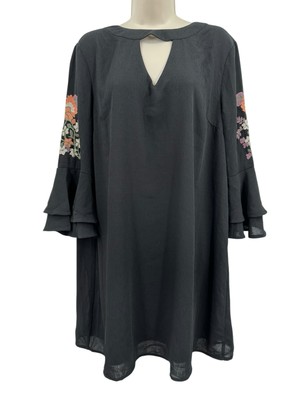 She & Sky Shift Dress Large Black Crepe Floral Emboidered Ruffle Bell Slv NEW