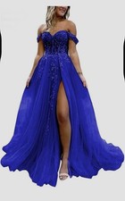 Blue Off Shoulder Beaded Sequined Tulle Gown with Slit, Backless, Long, Women's