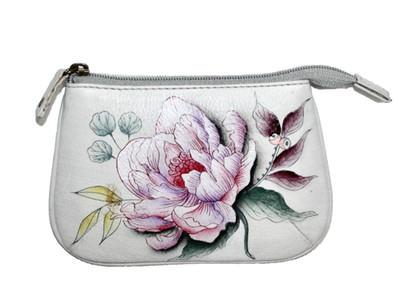 ANUSCHKA Peony Flower Zip Coin Purse Gray Multi Leather 2 Key Rings