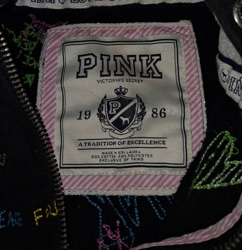 Felpa con cappuccio e pantaloncino ROSA Victorias Secret Medium nero ricamato graffiti full zip - Foto 5 di 8