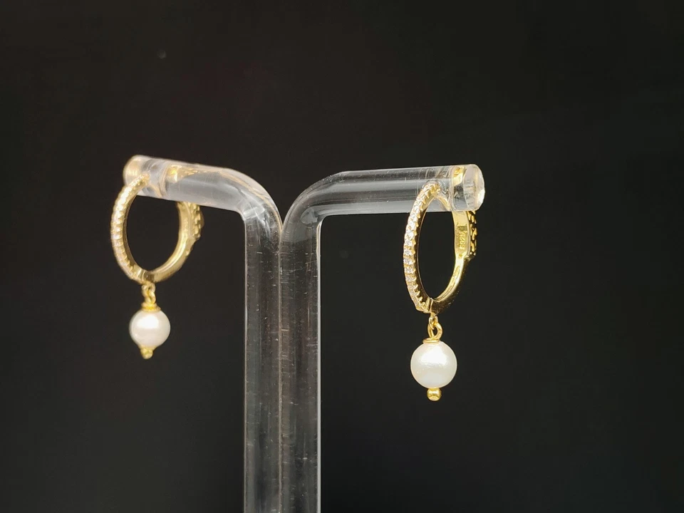 Orecchini donna cerchio argento 925 perle vere pendenti a lobo piccoli eleganti - Immagine 3 di 4