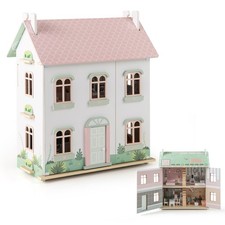 Kids Wooden Dollhouse w/ Double-Sided Roofs  Openable Doors Rich Furniture