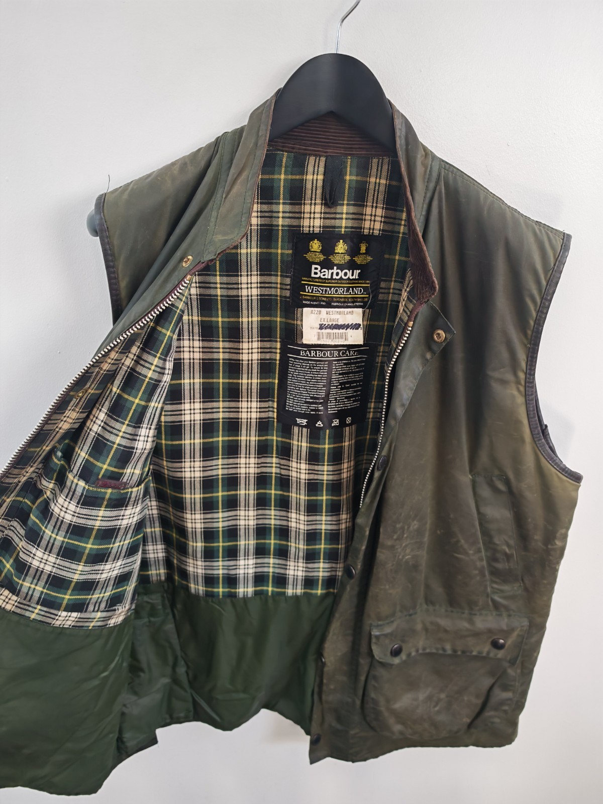 Vintage 1994 Men's Barbour Westmorland Waxed Cotton Gilet Olive Extra Large image 6