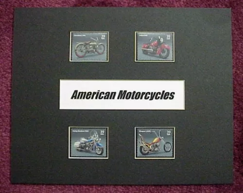 MATTED 8X10 UNUSED U.S. POSTAGE STAMPS SHOWING 4 EARLY AMERICAN MOTORCYCLES
