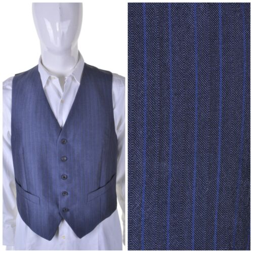 VINTAGE Blue Pinstripe Waistcoat M 40R Formal Vest Jacket Men Wedding Rockabilly - Afbeelding 1 van 9
