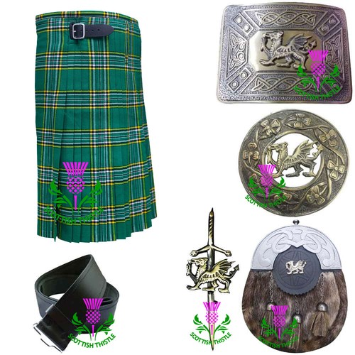Kilt Outfit Set 6pcs Irish Green Tartan Acrylic Wool Scottish formal dress kilt - Picture 9 of 13
