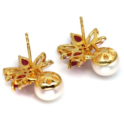 8 MM. White Pearl, Red Ruby & Pink Sapphire Earrings 925 Sterling Silver - Picture 3 of 4