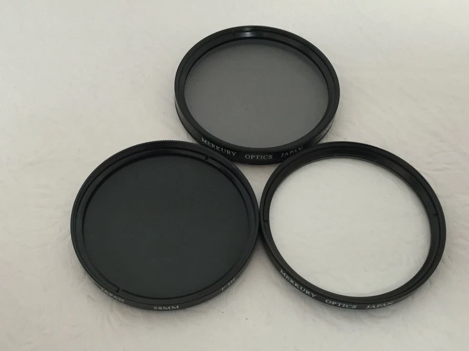 Set of three Merkury Optics 58 mm filters FD PL UV with case Made In Japan - Image 3 of 4