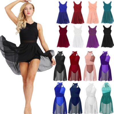 DE Damen Chiffon Tanzkleid Trikotanzug Leotard mit Tutu Rock Ballettkleid
