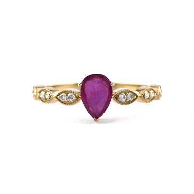 14K massives Gold Birnenform Rubin & Diamant gepflastert halbe Ewigkeit Ehering Ring