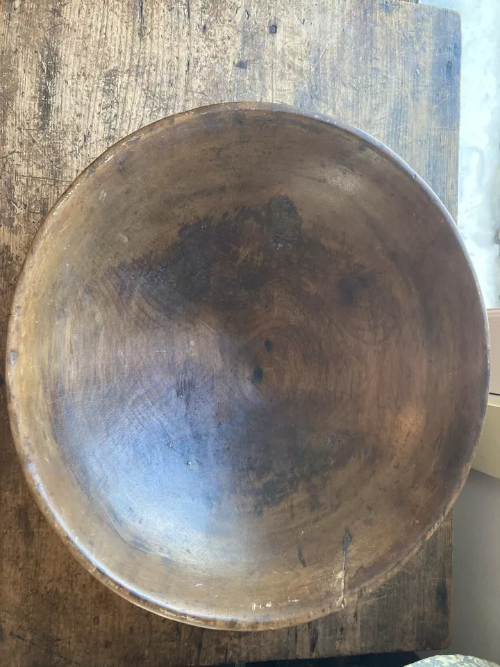 NICE! 18” Antique primitive old 19th C Wooden turned Dough bowl - Image 2 of 4