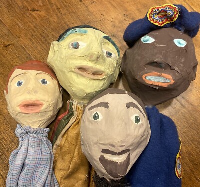 4 Vintage Handmade Papier-mâché Puppets Old Folk Art