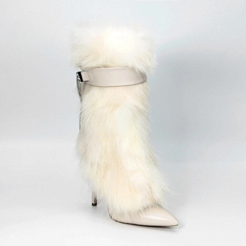 Botas hasta la rodilla de tacón alto con hebilla decoración de piel de vaca de lujo para mujer Foto 3 de 4