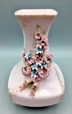 Lefton Pink Porcelain Square Top Vase Applied Pink & Blue Flowers bow Gold Nice