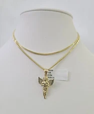 10K Solid Franco Chain Praying Angel Pendant Charm Necklace 18"-24" 1mm Gold