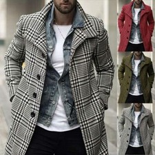 Mens Long Coat Lapel Single breasted Plaid Mid Length Windbreaker Overcoat