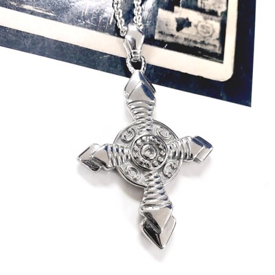 りか 2点セット ヴィンテージ 聖クリストフォロス聖ベルナール ネックレス Double-side cross necklace gothic style with 2 clear crystasl