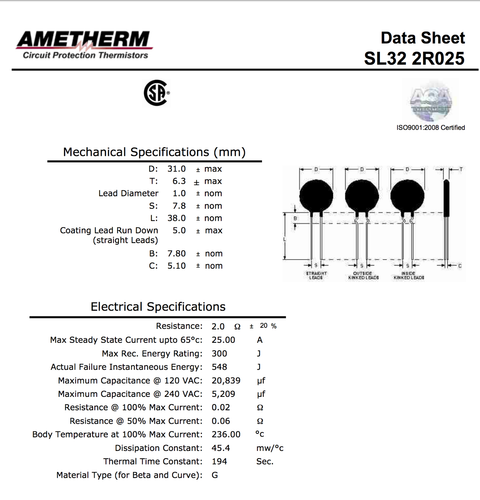 Ametherm SL32 2R025-B Thermistor Inrush Current 2 Ohm Ohm ±20% 1.220" (31mm) - Picture 2 of 3